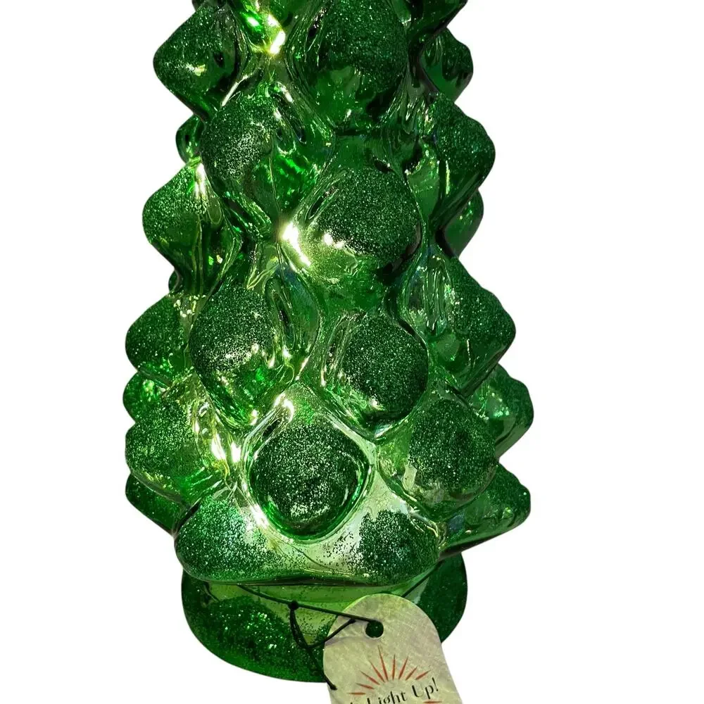 Illuminated Green Glitter Glass Christmas Tree 15.5in Chic Holiday Decor New